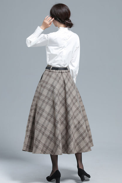 Khaki Wool Plaid Full Skirt - Elastic Waist, Side Pockets 3133