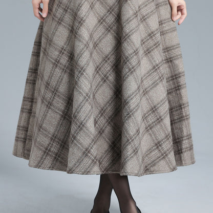 Khaki Wool Plaid Full Skirt - Elastic Waist, Side Pockets 3133