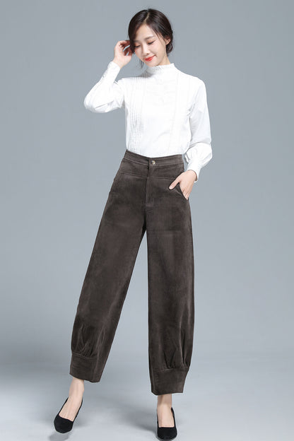 Vintage Corduroy Wide Leg Pants – High Waist Brown Trousers | Xiaolizi 3134