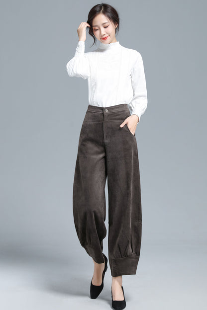 Vintage Corduroy Wide Leg Pants – High Waist Brown Trousers | Xiaolizi 3134