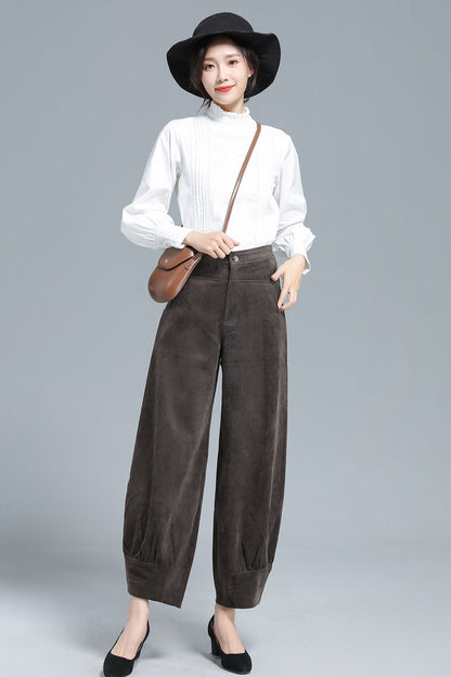 Vintage Corduroy Wide Leg Pants – High Waist Brown Trousers | Xiaolizi 3134