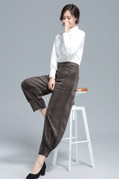 Vintage Corduroy Wide Leg Pants – High Waist Brown Trousers | Xiaolizi 3134