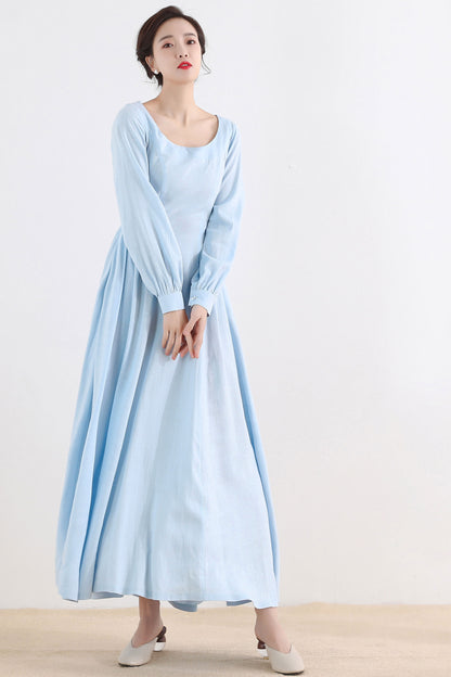 Vintage Blue Linen Maxi Dress – Medieval Style Long Sleeve Dress for Party & Cosplay 2508