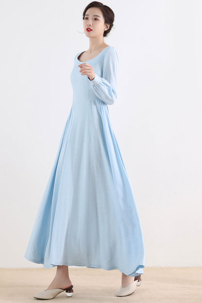 Vintage Blue Linen Maxi Dress – Medieval Style Long Sleeve Dress for Party & Cosplay 2508