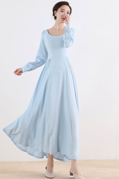 Vintage Blue Linen Maxi Dress – Medieval Style Long Sleeve Dress for Party & Cosplay 2508