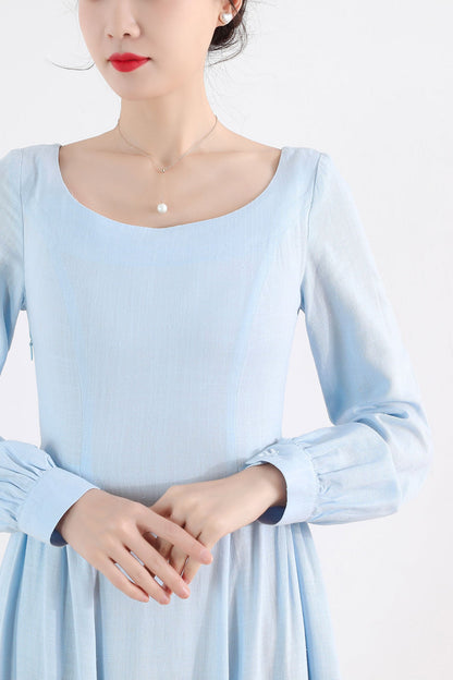 Vintage Blue Linen Maxi Dress – Medieval Style Long Sleeve Dress for Party & Cosplay 2508