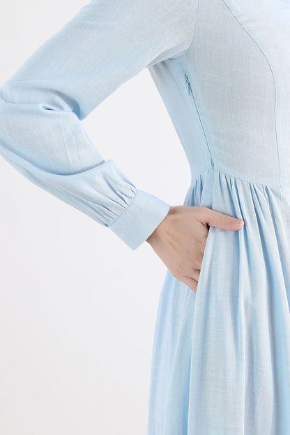 Vintage Blue Linen Maxi Dress – Medieval Style Long Sleeve Dress for Party & Cosplay 2508