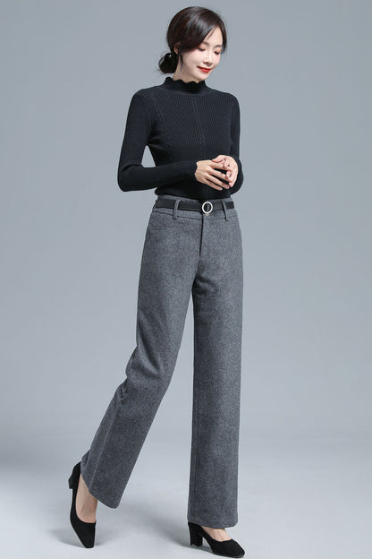 Gray Wool Blend Wide Leg Pants – Vintage High Waist Winter Trousers 3136