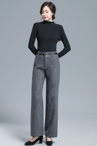 Gray Wool Blend Wide Leg Pants – Vintage High Waist Winter Trousers 3136