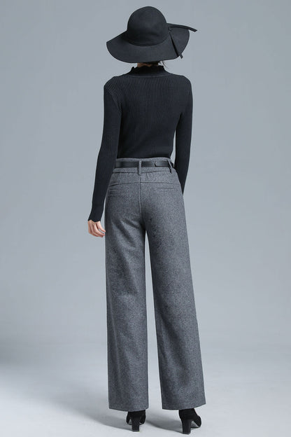 Gray Wool Blend Wide Leg Pants – Vintage High Waist Winter Trousers 3136