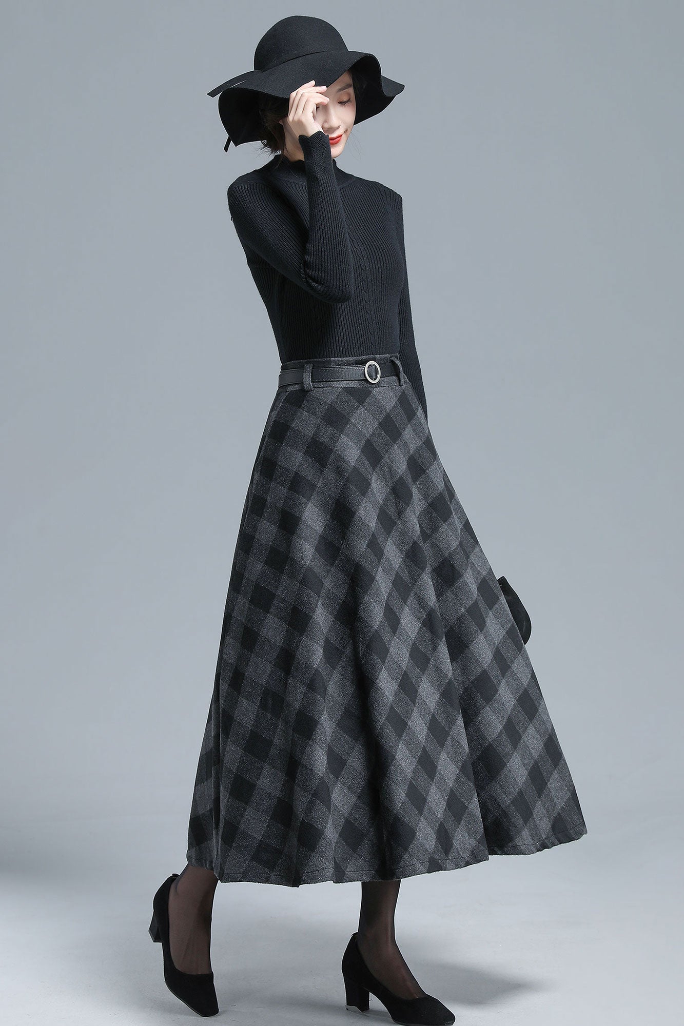 50s Wool Midi Plaid Skirt Women 3137