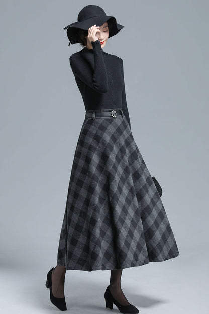 Black & Grey Wool Midi Plaid Skirt - Full Flared, Elastic Waist 3137
