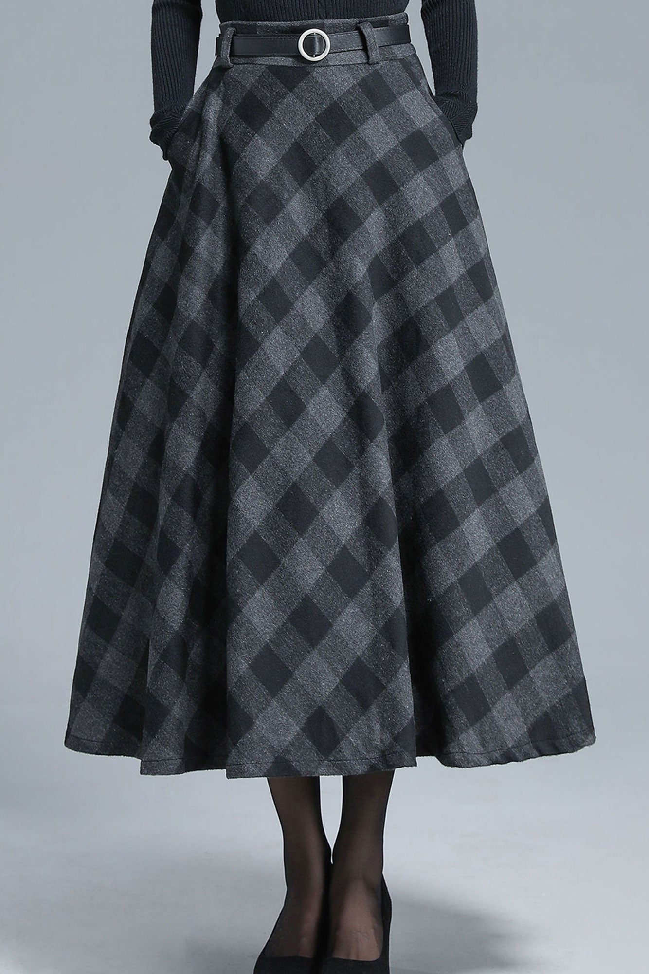 50s Wool Midi Plaid Skirt Women 3137