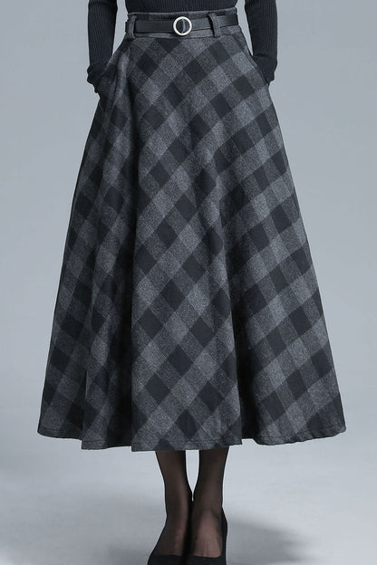 Black & Grey Wool Midi Plaid Skirt - Full Flared, Elastic Waist 3137