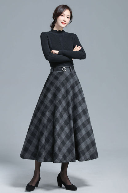 Black & Grey Wool Midi Plaid Skirt - Full Flared, Elastic Waist 3137