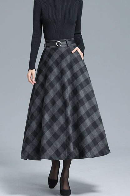 Black & Grey Wool Midi Plaid Skirt - Full Flared, Elastic Waist 3137