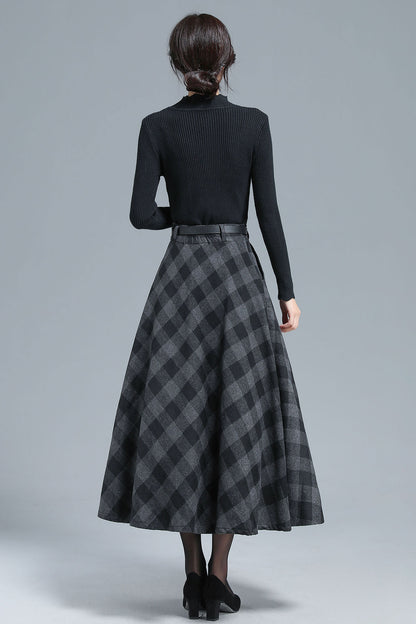 Black & Grey Wool Midi Plaid Skirt - Full Flared, Elastic Waist 3137
