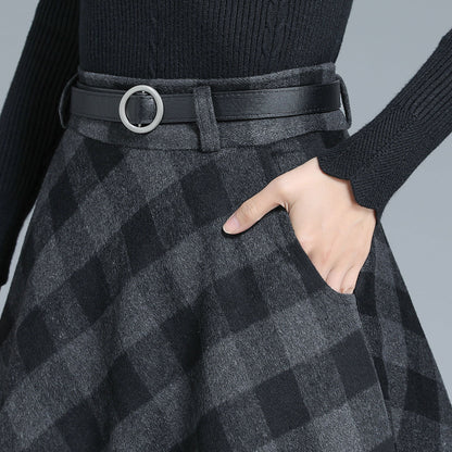 Black & Grey Wool Midi Plaid Skirt - Full Flared, Elastic Waist 3137