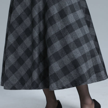 Black & Grey Wool Midi Plaid Skirt - Full Flared, Elastic Waist 3137