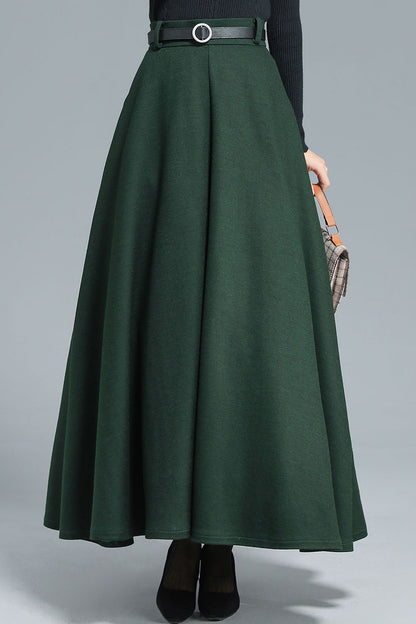 Dark Green Wool Maxi Skirt - High Waist A-Line with Pockets 3139