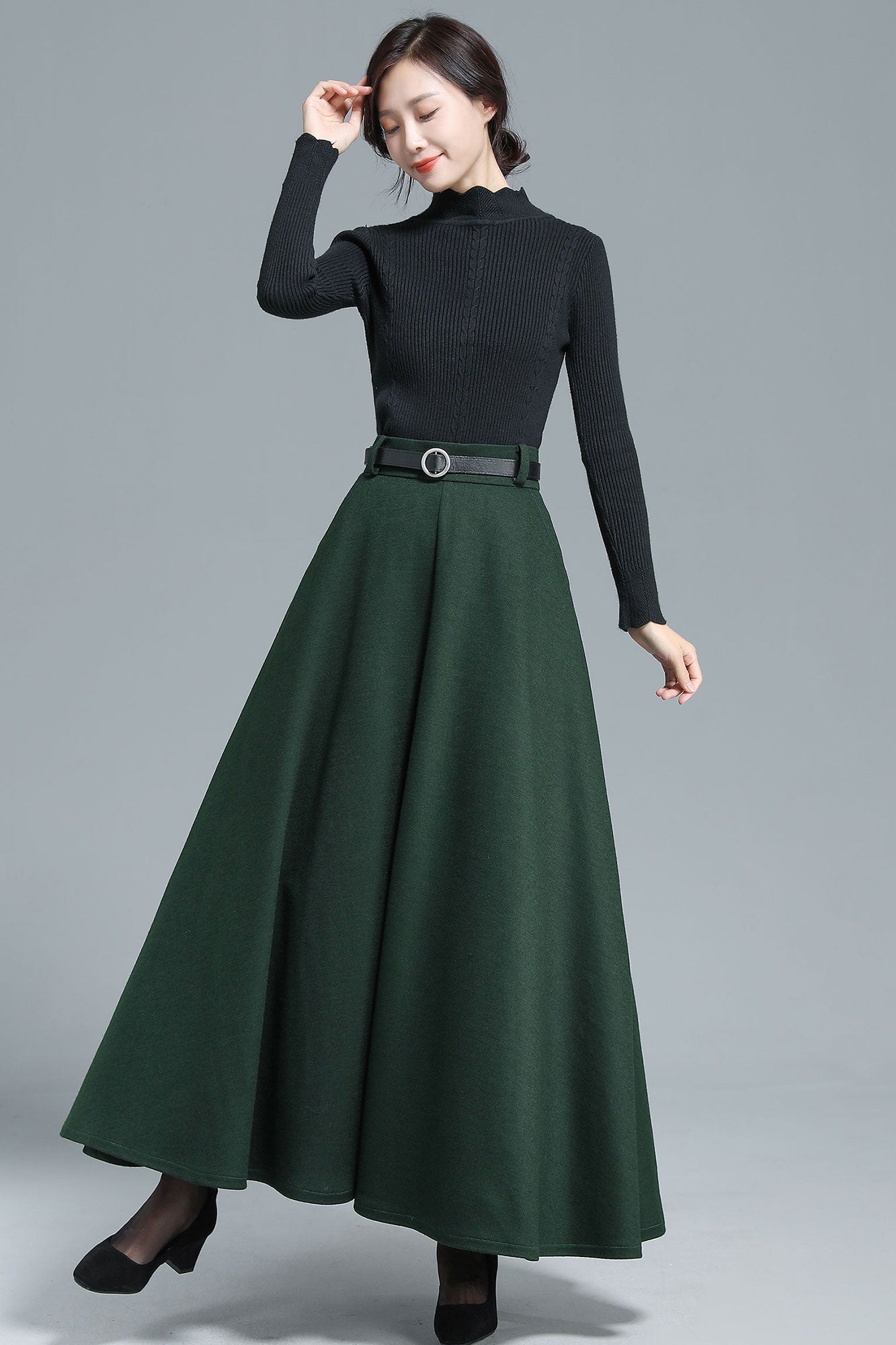 Dark Green Wool Maxi Skirt High Waist Ankle Length Winter Skirt with Pockets 3139 Emerald Green / XS Dark Green Wool Maxi Skirt High Waist Ankle Length Winter Skirt with Pockets 3139 Emerald Green / XS