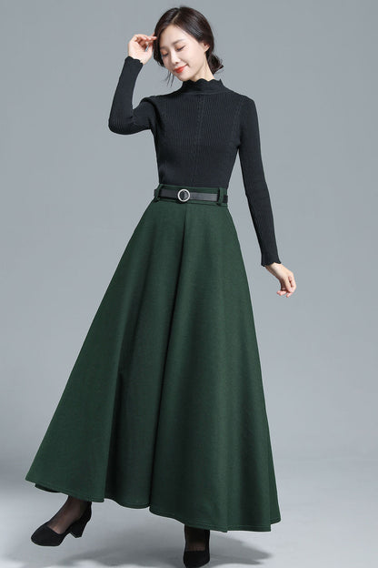 Dark Green Wool Maxi Skirt - High Waist A-Line with Pockets 3139