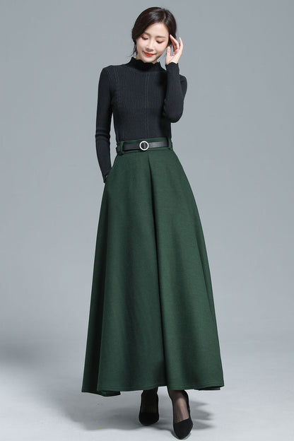 Green Maxi Wool Skirt Women 3139