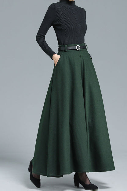 Dark Green Wool Maxi Skirt - High Waist A-Line with Pockets 3139