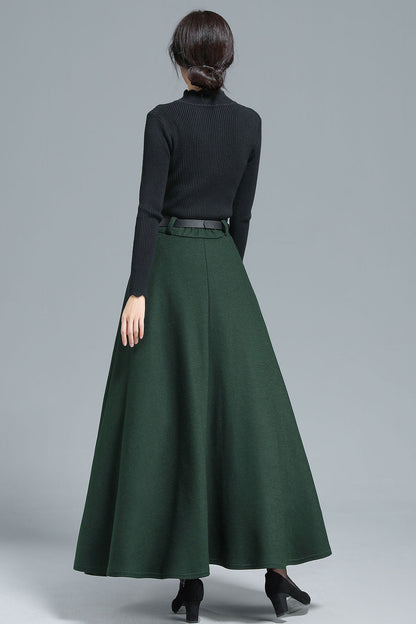Dark Green Wool Maxi Skirt - High Waist A-Line with Pockets 3139