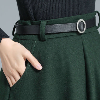 Dark Green Wool Maxi Skirt - High Waist A-Line with Pockets 3139