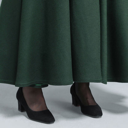 Dark Green Wool Maxi Skirt - High Waist A-Line with Pockets 3139