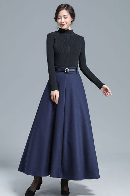 Navy Wool Maxi Skirt - High Waist Full Ankle-Length 3140