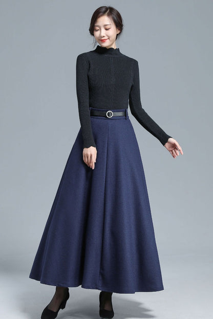 Women High Waist Wool Maxi Skirt 3140#