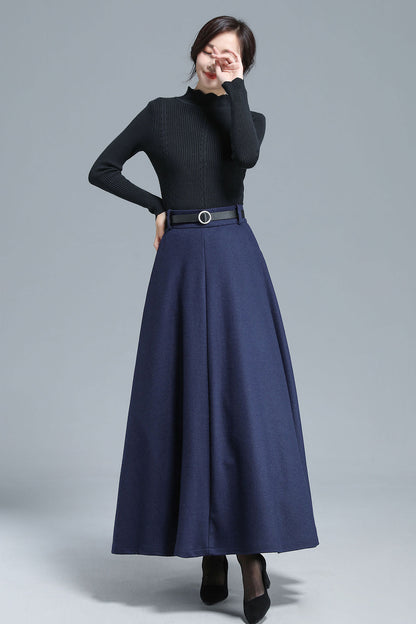 Navy Wool Maxi Skirt - High Waist Full Ankle-Length 3140