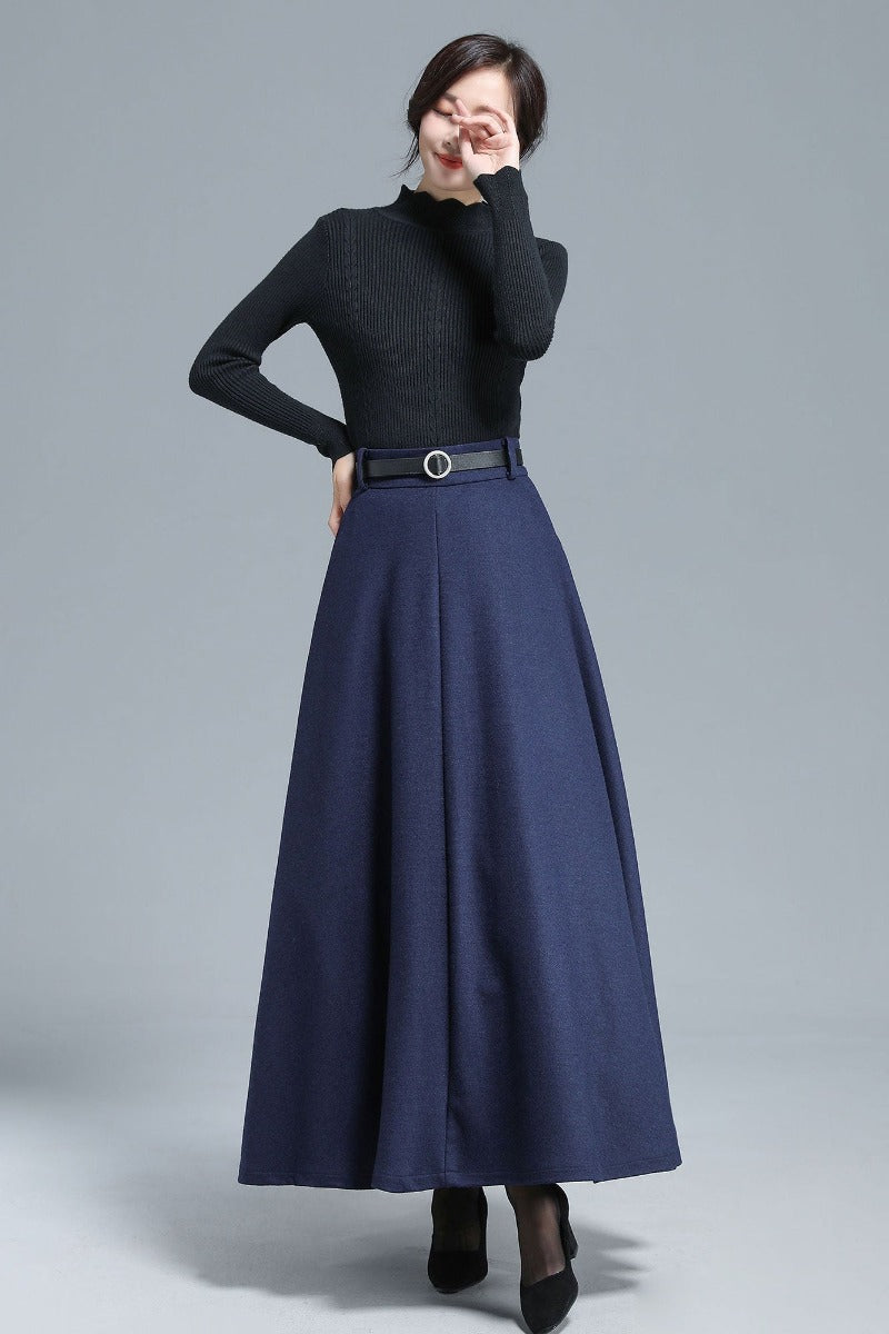Women High Waist Wool Maxi Skirt 3140#