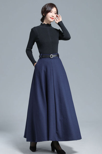 Navy Wool Maxi Skirt - High Waist Full Ankle-Length 3140