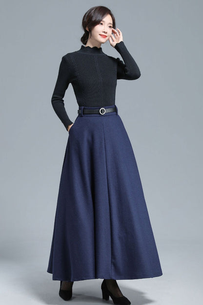 Women High Waist Wool Maxi Skirt 3140#