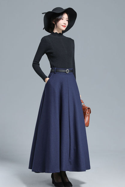Navy Wool Maxi Skirt - High Waist Full Ankle-Length 3140