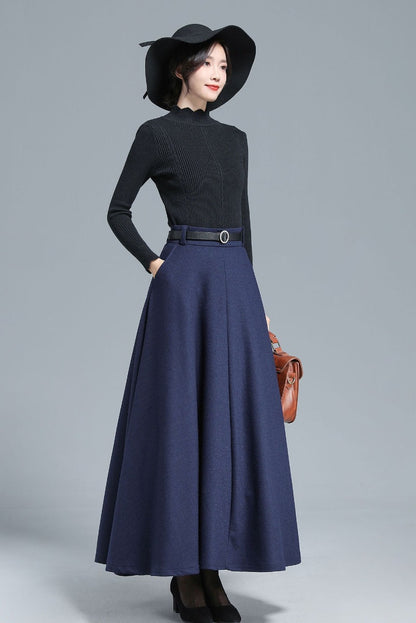 Women High Waist Wool Maxi Skirt 3140#