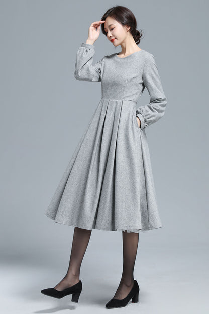 Gray Wool Midi Dress - Pleated Waist, Lantern Sleeve 3128