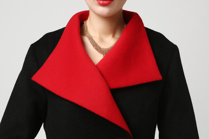 Handmade Black Wool Coat – Red Contrast Shawl Collar Long Winter Overcoat | Xiaolizi 1106