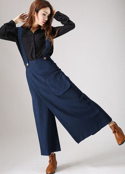 Blue Linen Wide Leg Trousers - Suspender Detail 841
