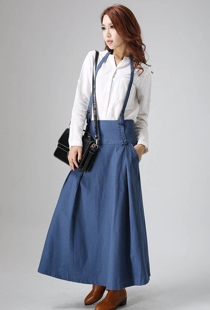 Blue Linen Maxi Skirt with Tie Belt and Pockets - Regular Fit 819