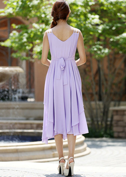 Purple Chiffon Maxi Dress - Irregular Hem, Waist-Defining Belt 1003