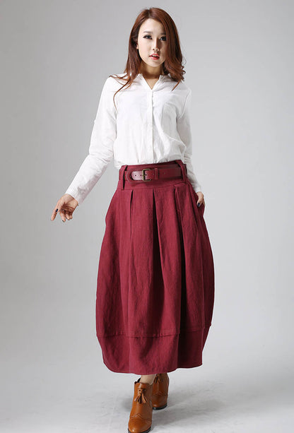 Red Linen Pleated Midi Bubble Skirt - Elegant Textured Silhouette 821