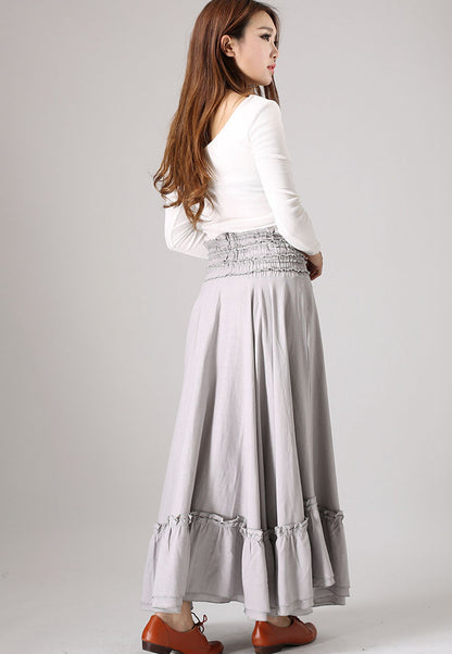 Gray Linen Maxi Skirt - Ruffle Detail Flowy Silhouette 849