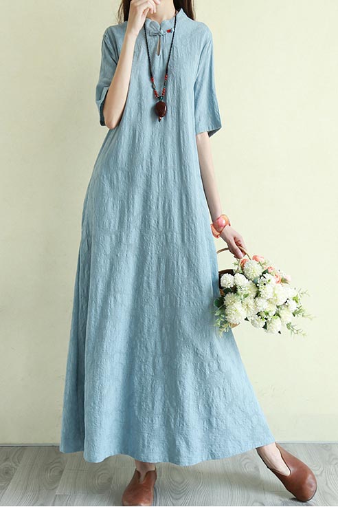 summer loose linen long dress with half sleeve and mockneck CYM333