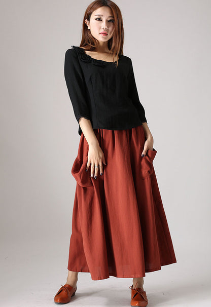Wine Red Linen Blend Maxi Skirt - Elastic Waist with Ruffle Detail 848