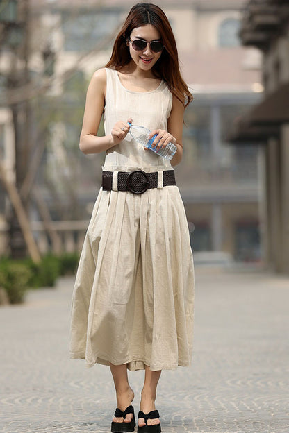 Beige Linen-Cotton Sleeveless Maxi Dress - Pleated Drop Waist 931