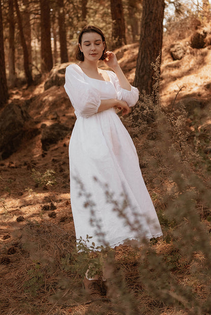 White Linen Midi Dress - Vintage Fit and Flare with Scoop Neck 2740